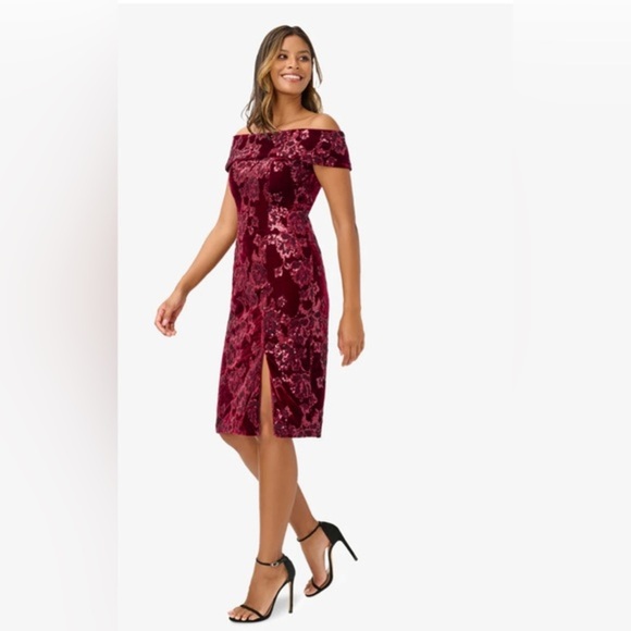 Adrianna Papell garnet OFF-SHOULDER SEQUIN VELVET SHEATH DRESS gown‎ size 14P - Picture 1 of 9